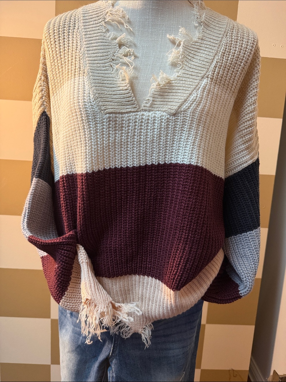 Rewind Colorblock Fringe V-Neck Sweater in Cream, Burgundy & Gray
